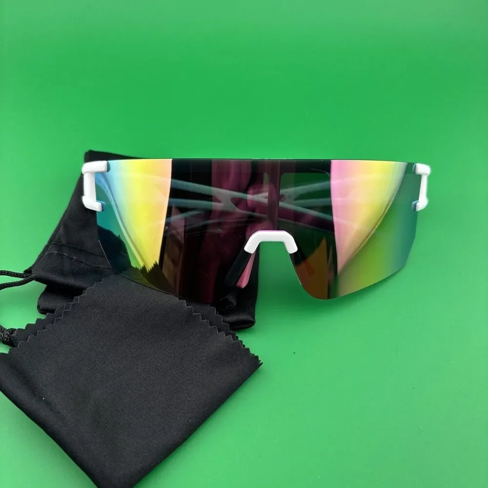New BOWILL Polarized Cycling Sunglasses White Frame Rainbow Mirror Lens UV400